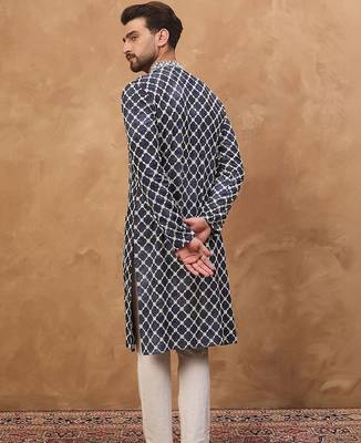 Men blue viscose rayon shibori embroidered straight kurta with pant set 5