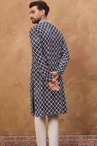 Men blue viscose rayon shibori embroidered straight kurta with pant set