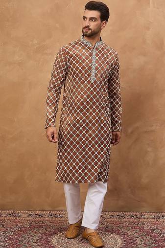 Men brown viscose rayon solid embroidered straight kurta with pant set
