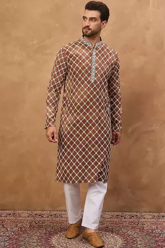 Men brown viscose rayon solid embroidered straight kurta with pant set