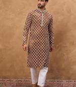 Men brown viscose rayon solid embroidered straight kurta with pant set