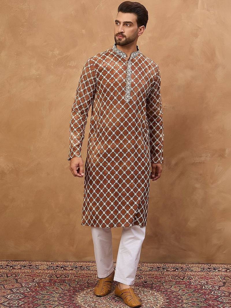 Men brown viscose rayon solid embroidered straight kurta with pant set