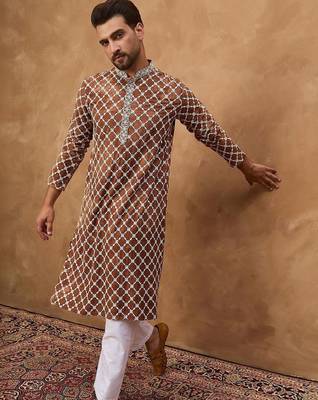 Men brown viscose rayon solid embroidered straight kurta with pant set 2