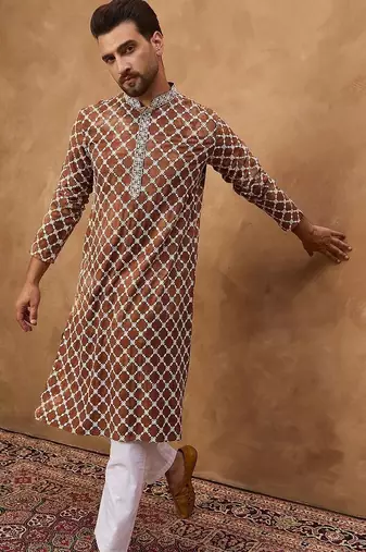 Men brown viscose rayon solid embroidered straight kurta with pant set