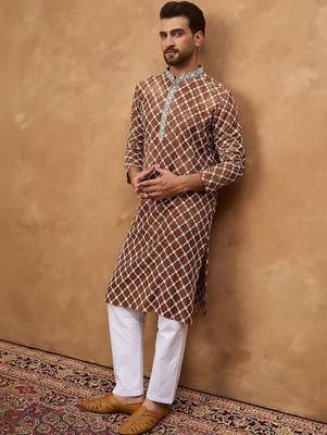 Men brown viscose rayon solid embroidered straight kurta with pant set 3