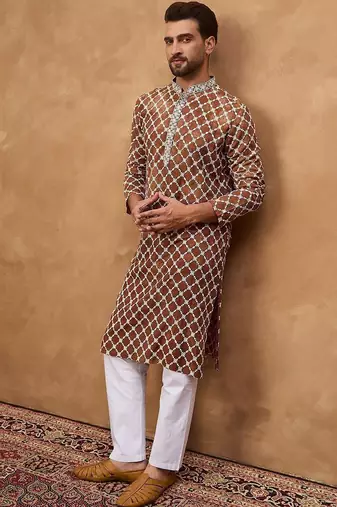 Men brown viscose rayon solid embroidered straight kurta with pant set