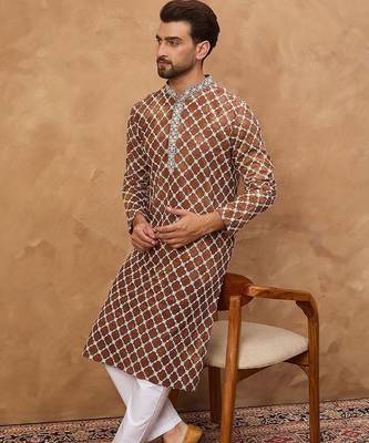 Men brown viscose rayon solid embroidered straight kurta with pant set 4