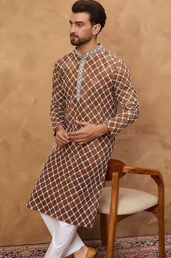 Men brown viscose rayon solid embroidered straight kurta with pant set