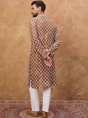 Men brown viscose rayon solid embroidered straight kurta with pant set 5