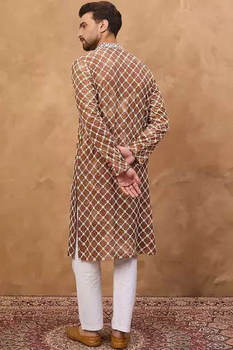 Men brown viscose rayon solid embroidered straight kurta with pant set