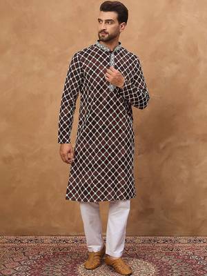 Men brown viscose rayon solid embroidered straight kurta with pant set 1