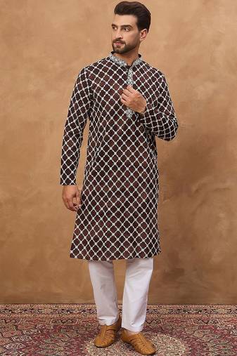 Men brown viscose rayon solid embroidered straight kurta with pant set
