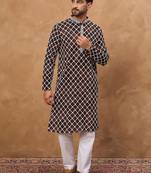 Men brown viscose rayon solid embroidered straight kurta with pant set