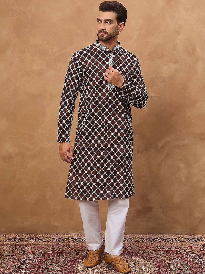Men brown viscose rayon solid embroidered straight kurta with pant set