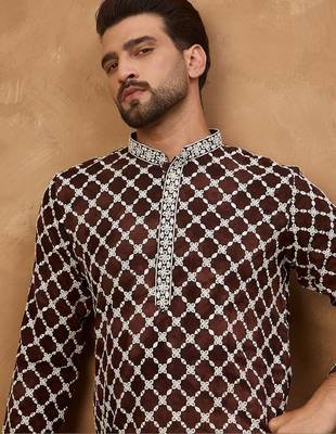 Men brown viscose rayon solid embroidered straight kurta with pant set 2