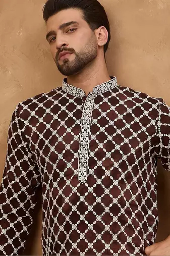 Men brown viscose rayon solid embroidered straight kurta with pant set