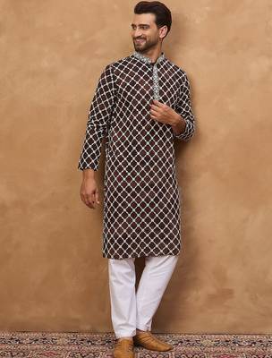 Men brown viscose rayon solid embroidered straight kurta with pant set 3