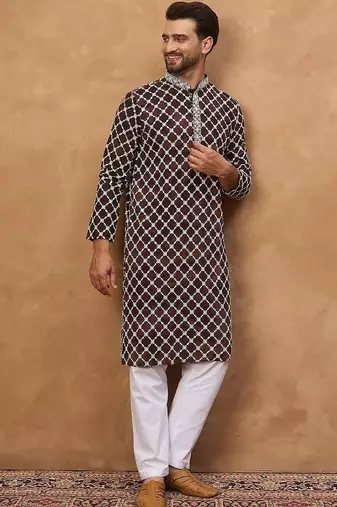 Men brown viscose rayon solid embroidered straight kurta with pant set