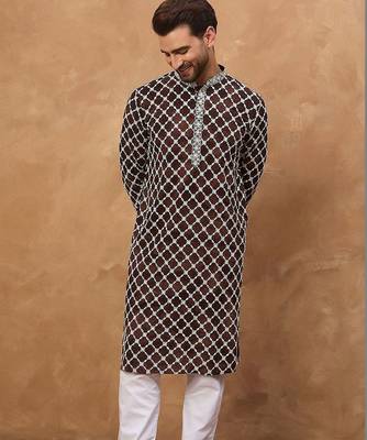 Men brown viscose rayon solid embroidered straight kurta with pant set 4
