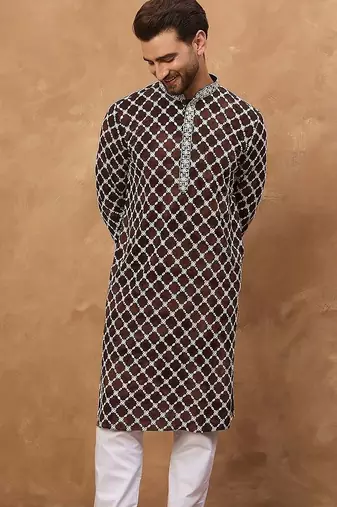 Men brown viscose rayon solid embroidered straight kurta with pant set