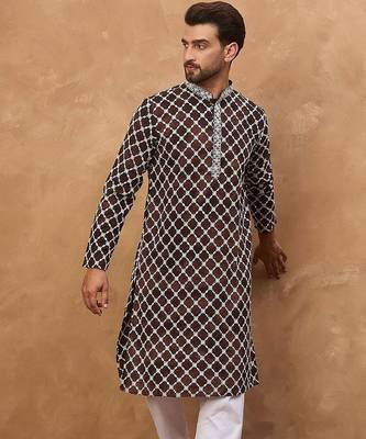 Men brown viscose rayon solid embroidered straight kurta with pant set 5