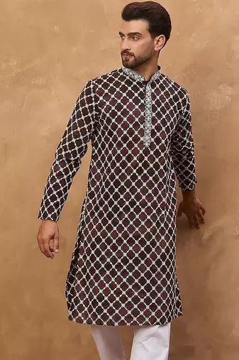 Men brown viscose rayon solid embroidered straight kurta with pant set