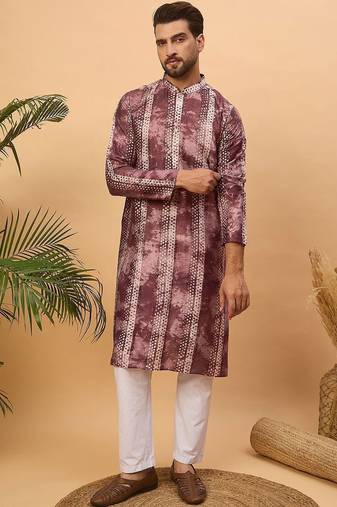 Men burgundy silk blend shibori embroidered straight kurta with pant set