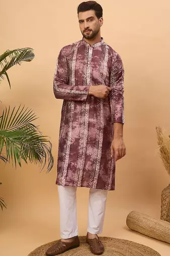 Men burgundy silk blend shibori embroidered straight kurta with pant set