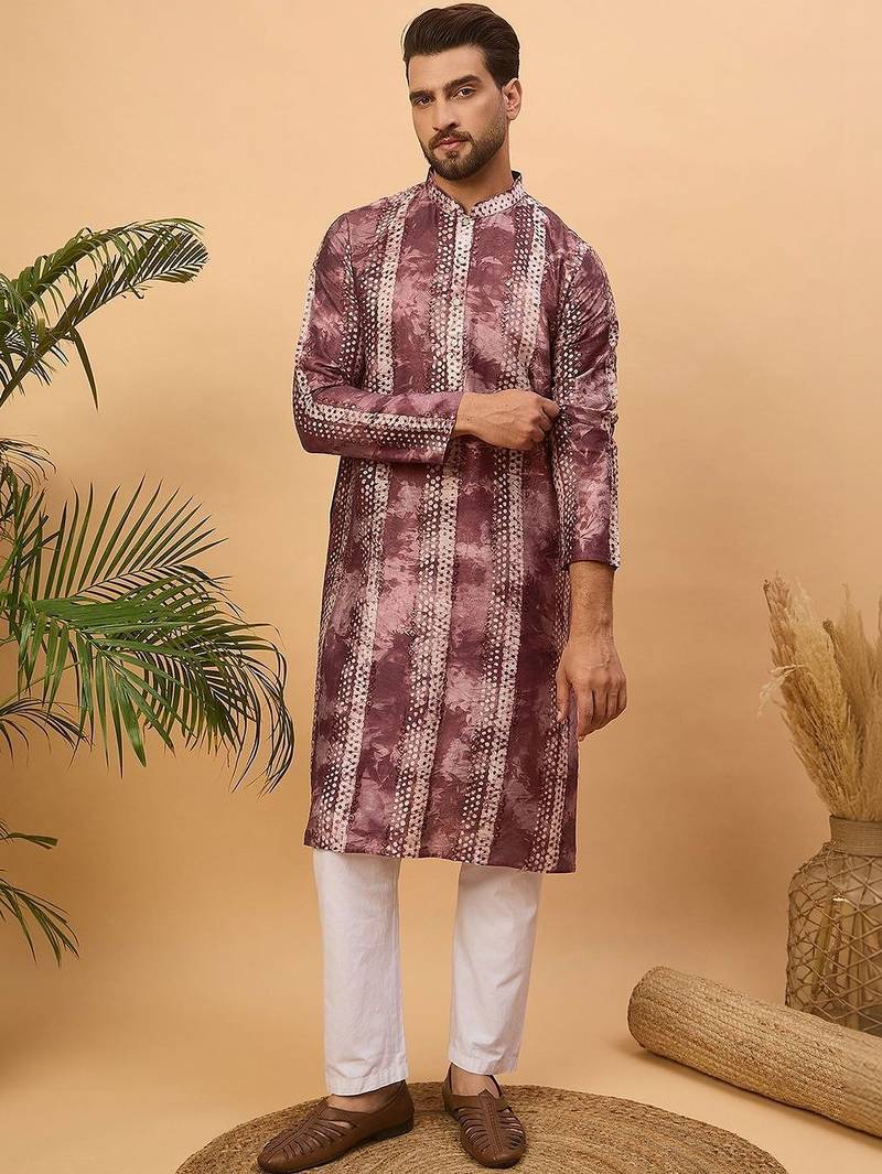 Men burgundy silk blend shibori embroidered straight kurta with pant set