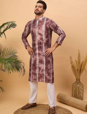 Men burgundy silk blend shibori embroidered straight kurta with pant set 3