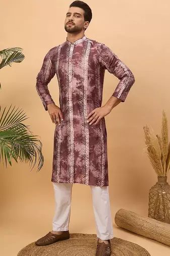 Men burgundy silk blend shibori embroidered straight kurta with pant set