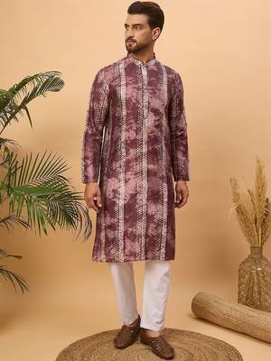 Men burgundy silk blend shibori embroidered straight kurta with pant set 4