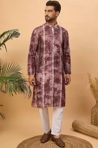 Men burgundy silk blend shibori embroidered straight kurta with pant set