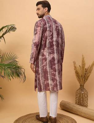 Men burgundy silk blend shibori embroidered straight kurta with pant set 5