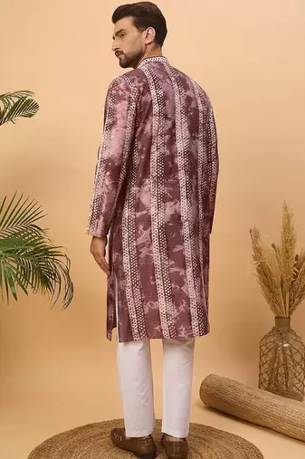 Men burgundy silk blend shibori embroidered straight kurta with pant set