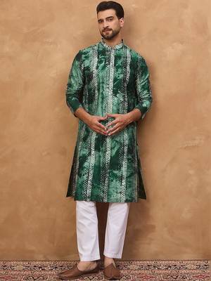 Men green silk blend shibori embroidered straight kurta with pant set 1