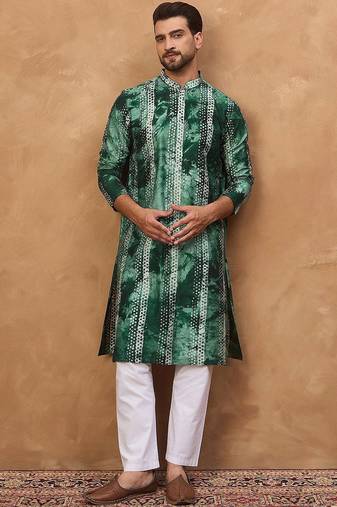 Men green silk blend shibori embroidered straight kurta with pant set