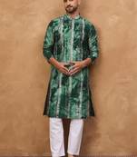 Men green silk blend shibori embroidered straight kurta with pant set