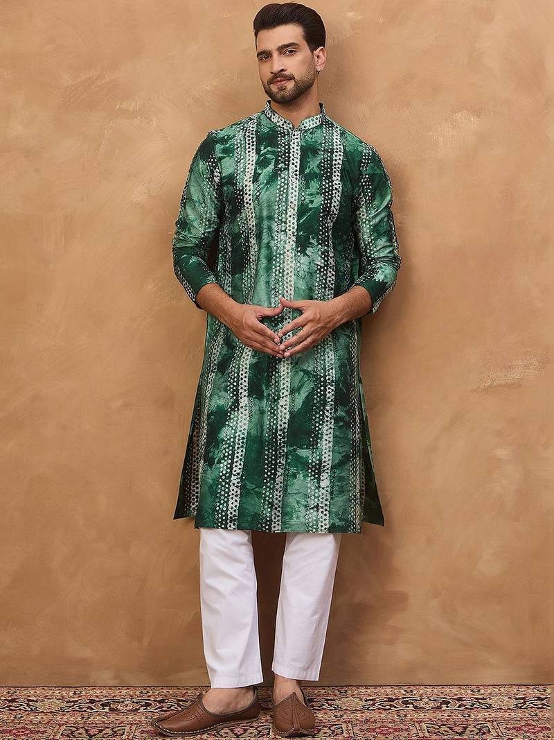 Men green silk blend shibori embroidered straight kurta with pant set