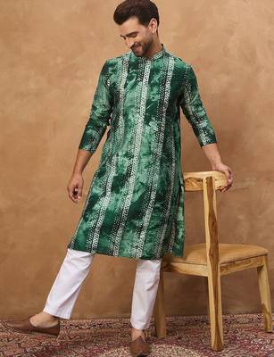 Men green silk blend shibori embroidered straight kurta with pant set 3