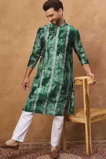 Men green silk blend shibori embroidered straight kurta with pant set