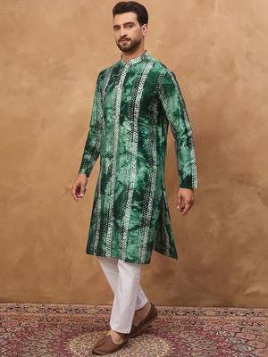 Men green silk blend shibori embroidered straight kurta with pant set 4