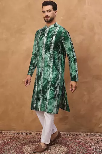 Men green silk blend shibori embroidered straight kurta with pant set
