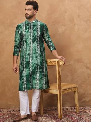 Men green silk blend shibori embroidered straight kurta with pant set 5