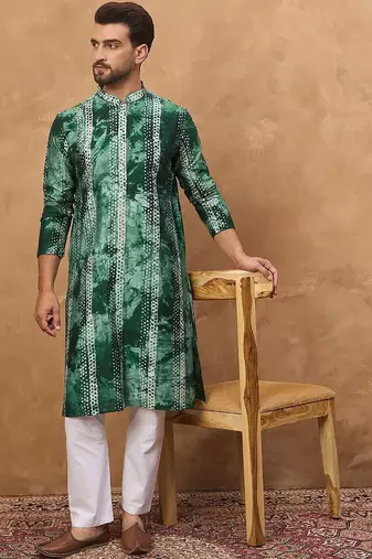 Men green silk blend shibori embroidered straight kurta with pant set