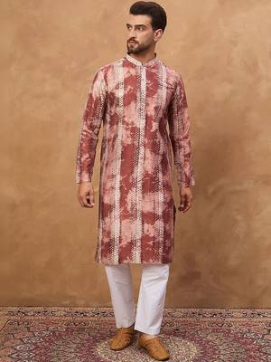 Men brown silk blend shibori embroidered straight kurta with pant set 1