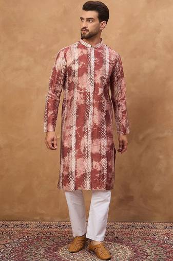 Men brown silk blend shibori embroidered straight kurta with pant set