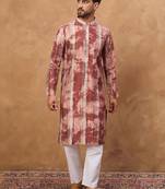 Men brown silk blend shibori embroidered straight kurta with pant set