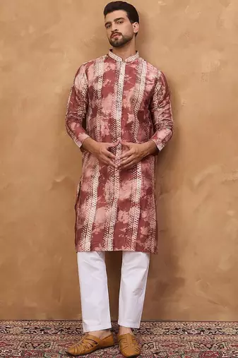Men brown silk blend shibori embroidered straight kurta with pant set
