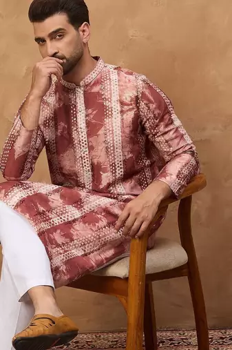 Men brown silk blend shibori embroidered straight kurta with pant set